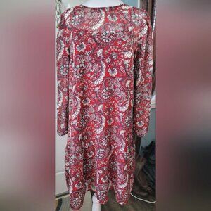 LOFT Shimmer Paisley Flounce Dress Women's M Red Mini-Midi Sheer Lined Long Slee